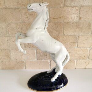 Royal Dux Rearing White Horse Cobalt Blue Base Matte Porcelain Czech Bohemia